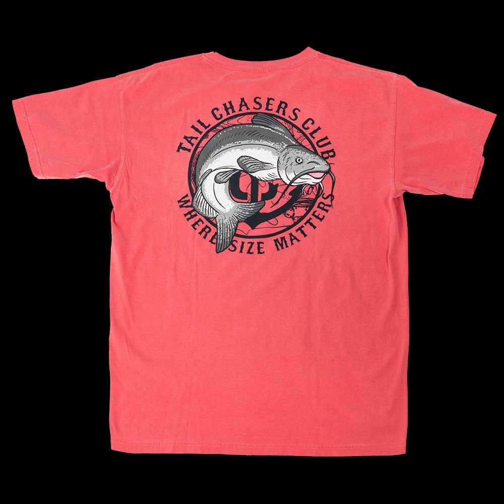Where Size Matters short sleeve catfish fishing t-shirt. Watermelon Red.