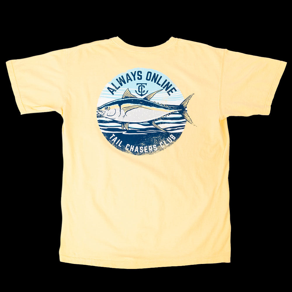 Always online short sleeve fishing t-shirt. Banana Yellow. Tuna Fish.
