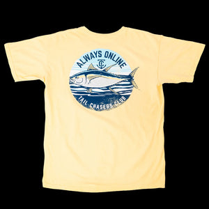 Always online short sleeve fishing t-shirt. Banana Yellow. Tuna Fish.