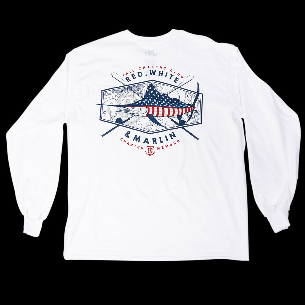 Tail-chasers-club-marlin-long-sleeve-t-shirt-white-fishing-red-white-blue-usa-TCC-1