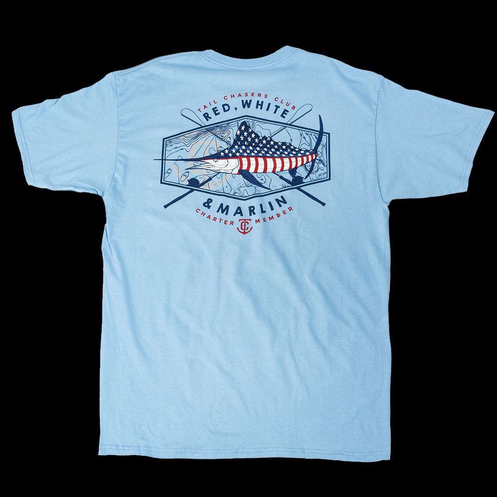 Tail-chasers-club-marlin-short-sleeve-t-shirt-white-fishing-red-white-blue-usa-TCC-1