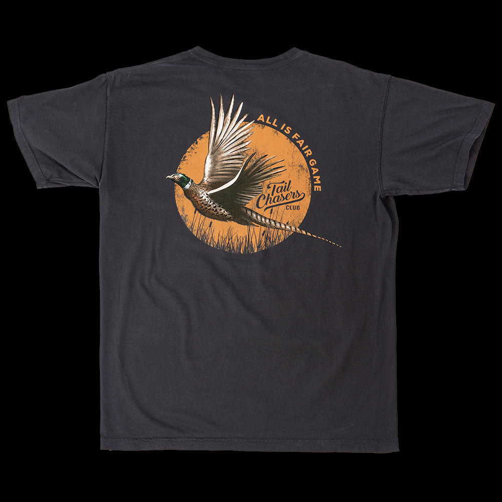 All is Fair Game pheasant hunting short sleeve t-shirt. Charcoal grey, dark grey.