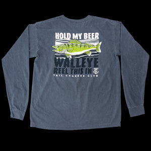 Tail-chasers-club-walleye-fish-reel-long-sleeve-t-shirt-blue-denim-fishing-TCC-1