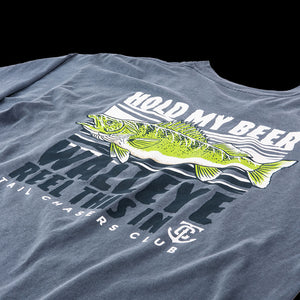 Tail-chasers-club-walleye-fish-reel-long-sleeve-t-shirt-blue-denim-fishing-TCC-3